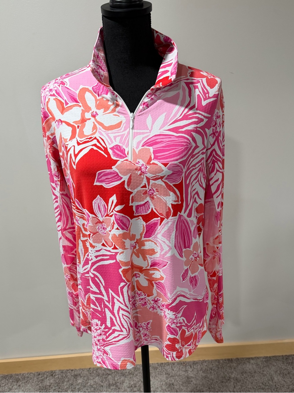 IBKUL Amelia Pink Coral Floral UPF 50 Quarter Zip Golf Top XL